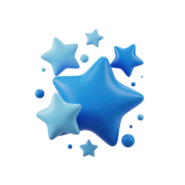 A collection of various blue stars and small spheres floating together, rendered in a3d style with glossy surfaces isolated on a transparent