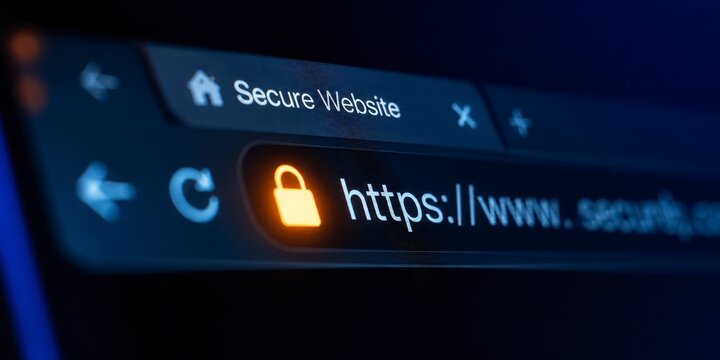 Close-up of secure web browser address bar with glowing padlock icon and https protocol for safety