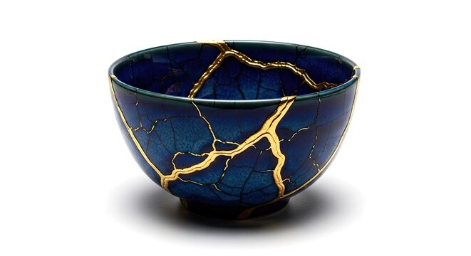 Blue kintsugi bowl with gold cracks on white.
