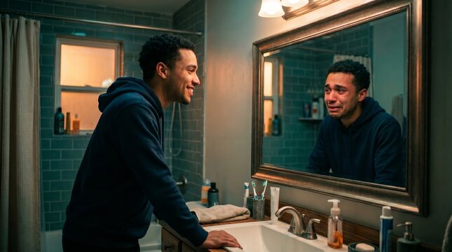 Young man in bathroom mirror showing contrasting emotions of sadness and emotional conflict. Concept mental health, depression, anxiety, psychology, self reflection, emotional wellness. Generative AI.