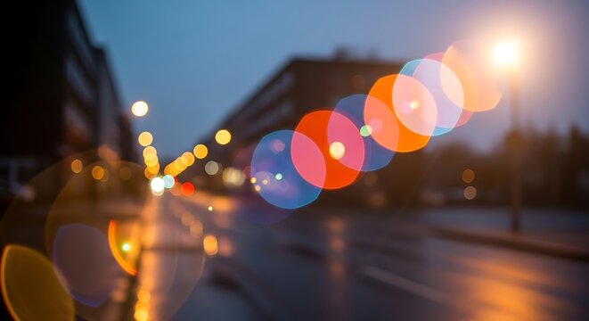 A blurry city street at dusk with colorful lights