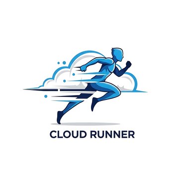 A blue humanoid figure running in front of a stylized cloud