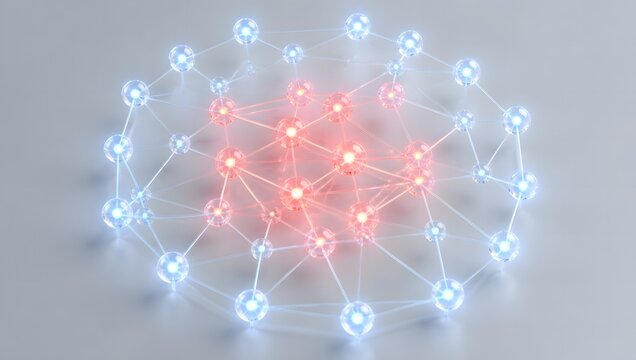 Abstract Network Visualization: A glowing abstract network of interconnected nodes, with a central cluster of red nodes pulsing with energy, representing complex data or a vibrant digital system.