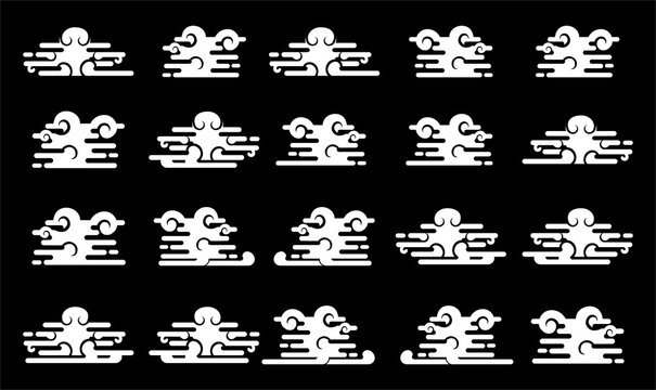 Set of stylized decorative cloud elements japanese art froms ukiyo-e woodblock prints. Versatile white silhouette icons contrast beautifully against solid black background flowing curves.