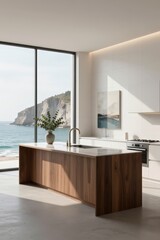 Fototapeta premium Modern kitchen island with wood grain and ocean cliff view from large window. Use: interior design magazine, real estate listing, luxury lifestyle...