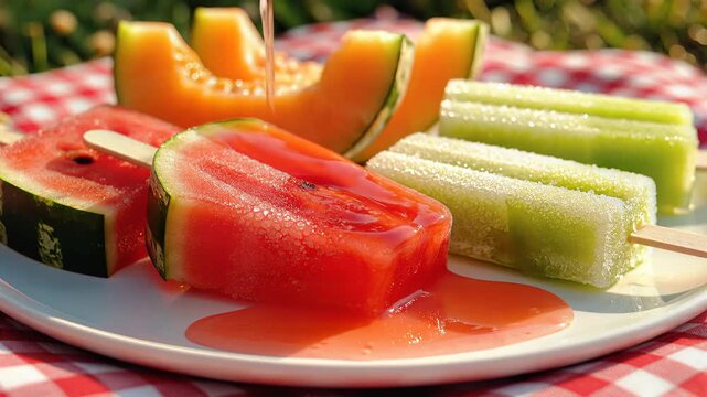 Refreshing fruit popsicles with melon and watermelon slices outdoor setting with sunlight