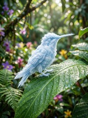 Fototapeta premium A hummingbird made of clouds perched on a leaf.