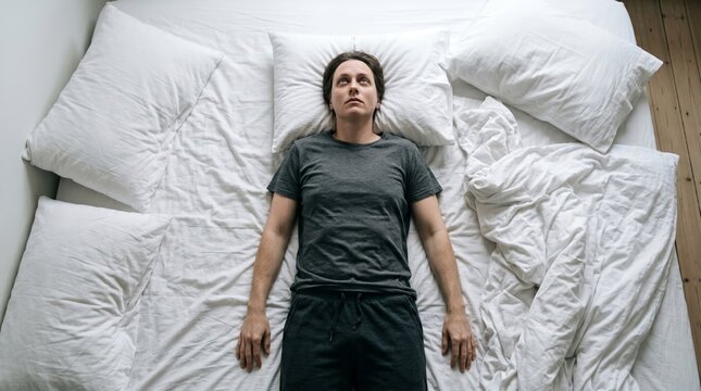 A person lies in bed with a pensive expression. The concept explores themes of depression, mental health, and the emotional state, suitable for mental health discussions. Generative AI.