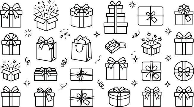 Gift Box and Present Line Art Icon Set with Birthday Celebration Ribbon Vectors