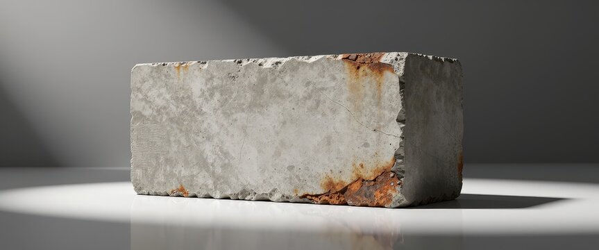 Rough concrete block with rust and cracks on surface, isolated on white surface. Use: architectural illustration, material showcase, industrial des...