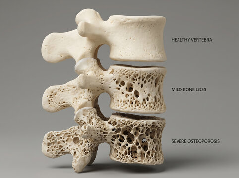Comparison of a healthy vertebra with vertebrae showing mild bone loss and severe osteoporosis, illustrating bone density changes.