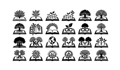 Obraz premium Open Book with Sprouting Plant Icon Collection Black White Vector Illustration