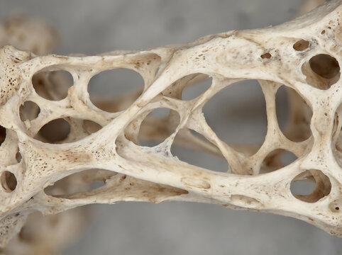 Close-up view of the intricate, porous structure of cancellous bone, revealing its complex network of trabeculae and marrow spaces.