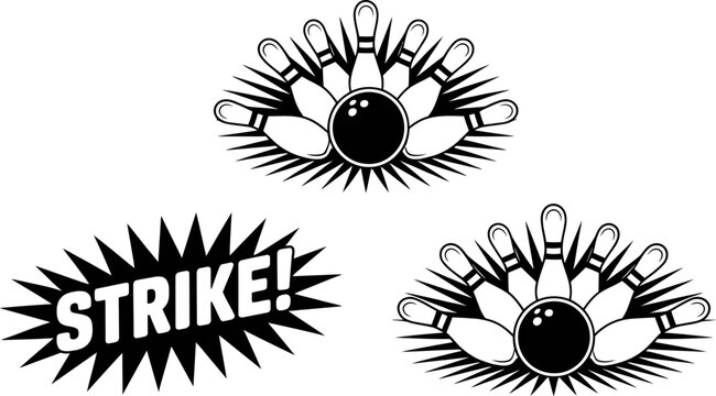Three black and white bowling featuring a strike text burst and two bowling ball and pin arrangements 