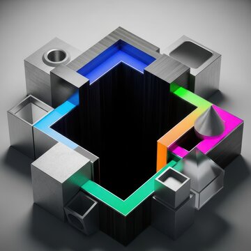 Deep void within an abstract geometric structure, illustrating emptiness and conceptual space in a modern minimalist design background, design, pure, light