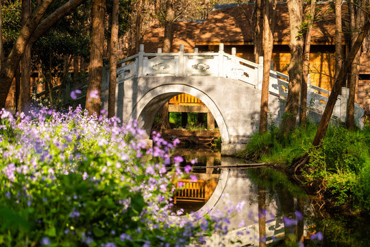 Stone arch bridge over pond 