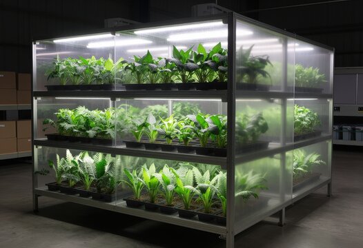Indoor grow tent with multiple shelves holding trays of various green plants under LED grow lights. Use: gardening website, botanical research, agr...