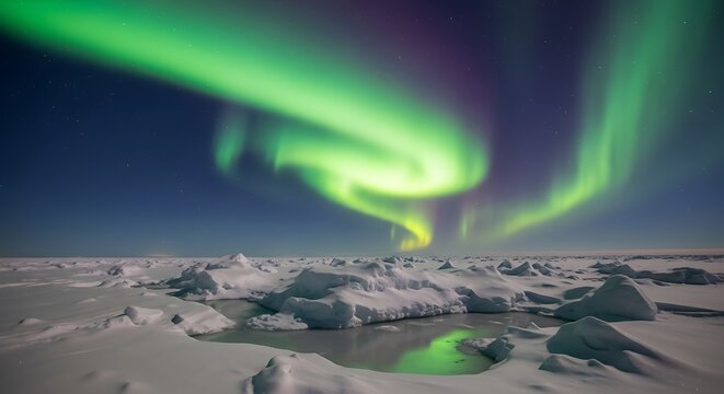 A breathtaking landscape of snow-covered ice formations under the vibrant green and purple hues of the aurora borealis