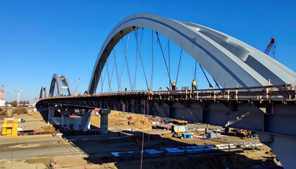 Fototapeta premium Modern Arch Bridge Under Construction Against Clear Blue Sky.