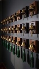 Naklejka premium Brass bells and keys mounted on dark wood squares on a dark wall. Use: hotel decor, reception area, vintage advertisement.