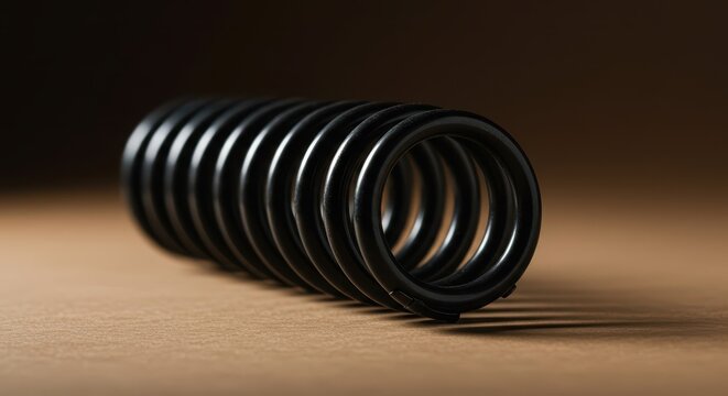 Detailed close-up of a sturdy industrial metallic black compression spring, coiled wire component, isolated against a neutral background, close-up, steel, studio