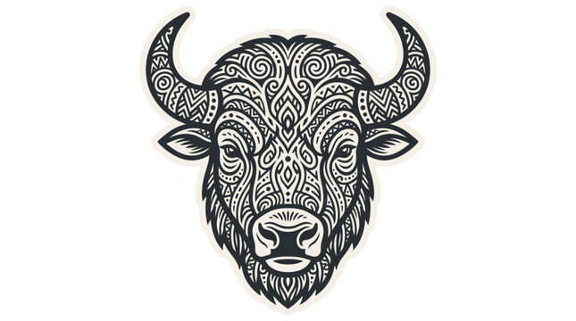 Tribal Bison Head Vector Illustration with Intricate Ethnic Patterns and Buffalo Horns