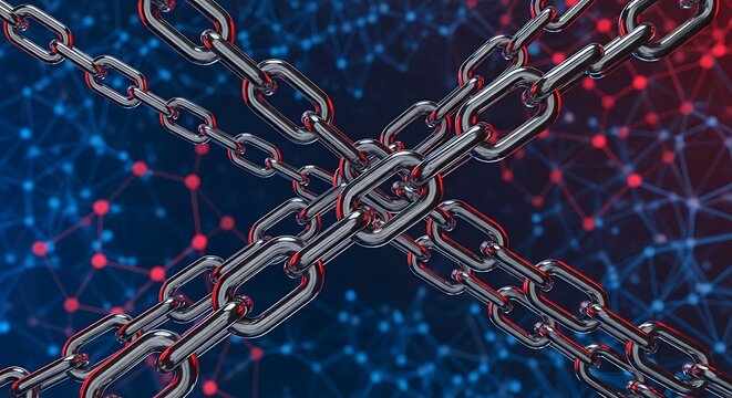 Intersecting metal chains over an abstract digital network, rendered in blue and red tones