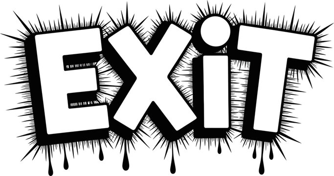 White EXIT text with sharp spiky black outline and dripping ink effect on transparent background 