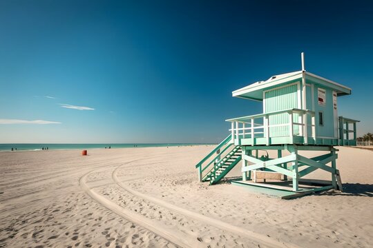 Light blue lifeguard tower on a sunny white sand beach under clear sky