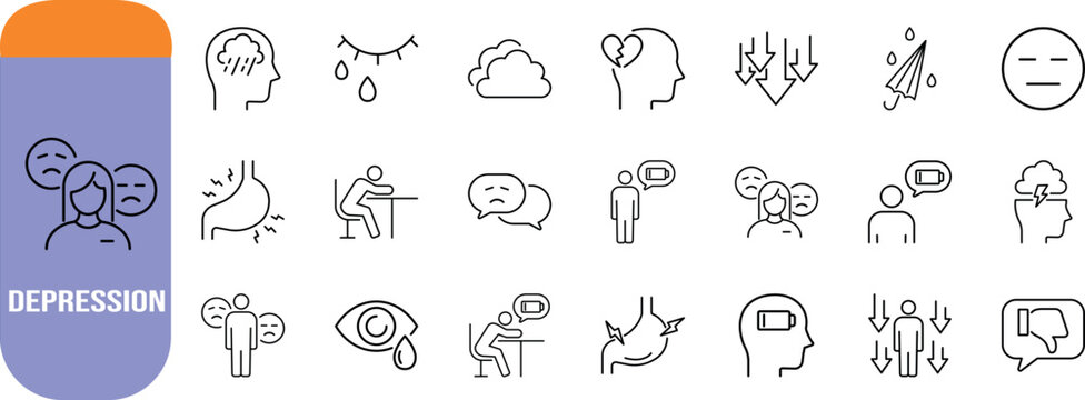 Mental health depression vector icons. teardrop icon set, broken heart icon set, sad face icon set 02