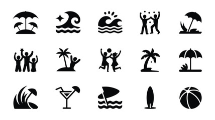 Obraz premium Set of 15 Black Summer Beach Holiday Vacation Icons Vector