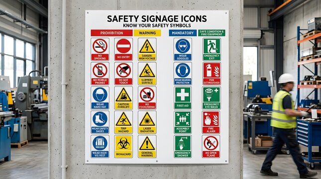 Safety signage icons and symbols guide for industrial workplaces