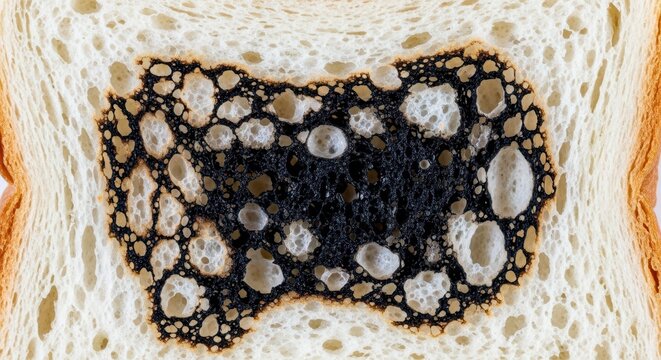Extreme close-up of abstract, severe charring damage pattern on a porous slice of white bread texture background, black, carbon, contrast
