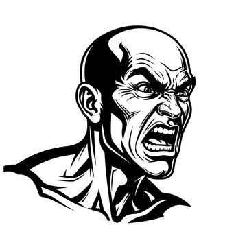 A black-and-white illustration of a bald, muscular man with an aggressive expression