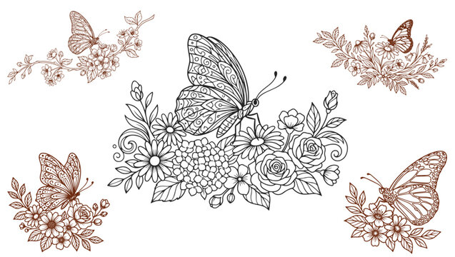 Butterfly on Flowers Black and White Line Art Icon on Transparent Background,, butterfly on flowers, butterfly icon, butterfly illustration, floral butterfly, butterfly outline, butterfly line art, 