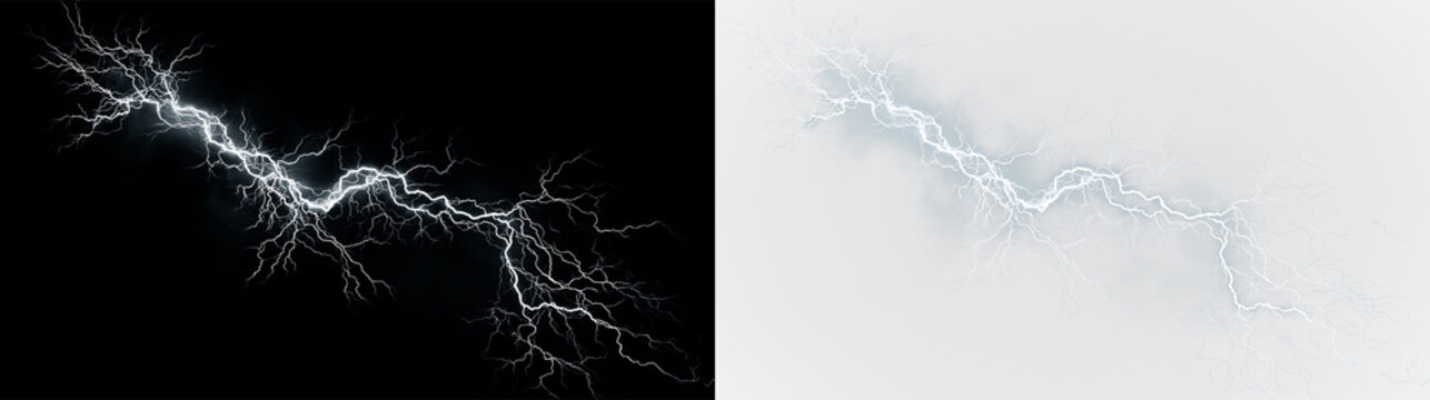 Blue and white lightning bolt strikes through clear sky during storm in nature showing powerful force of electricity, light overlay, PNG