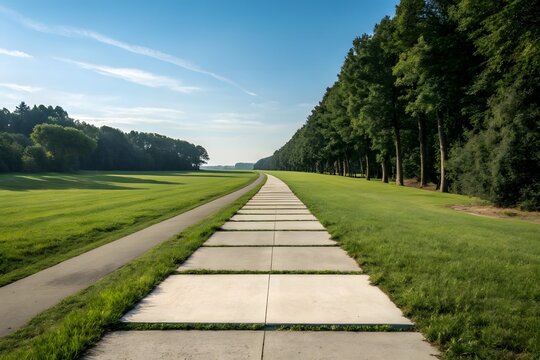 Concrete path leading through a green meadow and tree lined rural lane