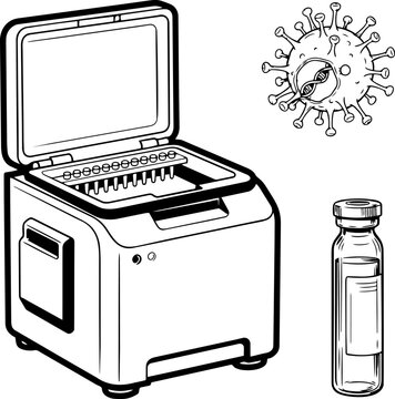 Scientific laboratory equipment with virus illustration and vial for medical research and development