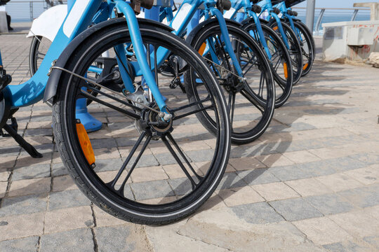 Row of Shared City Bicycles for Sustainable Urban Transportation