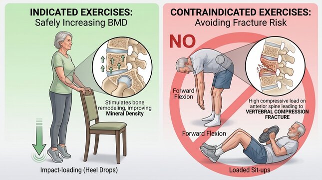 Elderly woman exercising safely with indicated and contraindicated movements for osteoporosis prevention