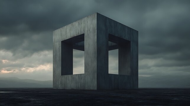 A surreal concrete cube with large square openings stands isolated on a dark barren landscape under a moody, cloudy sky.