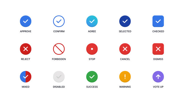 Set of colorful check mark and cross sign vector icons for web and mobile user interface design
