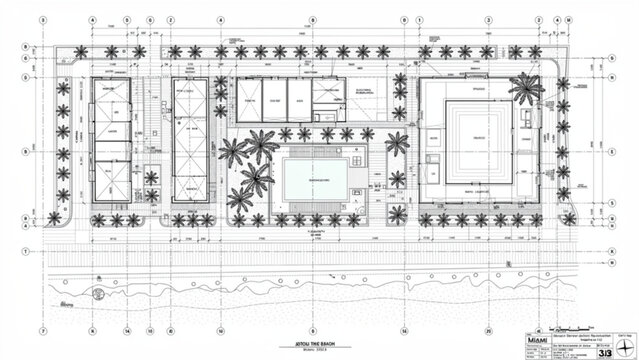 Architectural blueprint of a modern residential villa with landscaped gardens and pool design