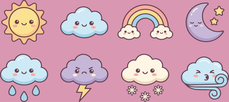 Adorable kawaii clouds and rainbow vector illustration, cute pastel weather element icon set