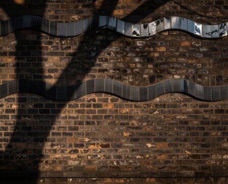 Wavy patterned decorative metal strips on weathered brick wall with shadow overlay. Use: architectural detail, urban background, graphic design ele...