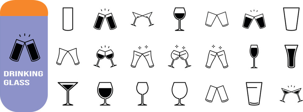 Drinking glasses toast vector icons. wine icon set, martini icon set, pint icon set