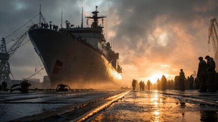 Obraz premium Dramatic Sunrise Over Naval Ship at Dock with Silhouetted Figures