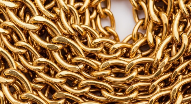 Intricate close up texture of various shiny golden jewelry chains layered together, highlighting precious metal links and luxurious investment value, decoration, intertwined, modern