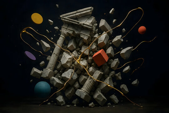 Abstract surreal illustration of a destroying ancient Greek column with exploding stones, geometric shapes and liquid gold splashes, deconstruction concept