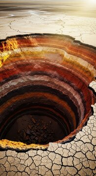 Massive deep unexpected sinkhole depression opened suddenly in cracked dry ground, revealing subterranean geology and layered earth, hazard, unstable, rock